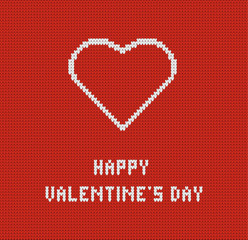 Happy Valentine Day knitted greeting card with heart, vector illustration of loving heart