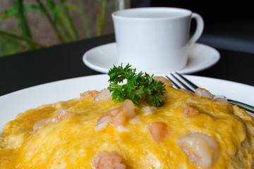 omelet rice with shrimp and hot milk