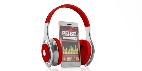 Pair of red wireless headphones and a smartphone. 3d illustration