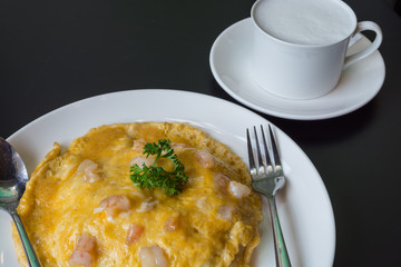 omelet rice with shrimp and hot milk