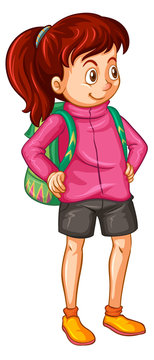 Girl in pink jacket and green backpack
