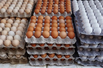 Giant cardboard crates of fresh white, yellow and brown eggs at the market