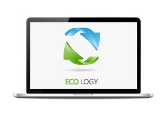 Recycle logo with two arrows on on the laptop screen, vector icon