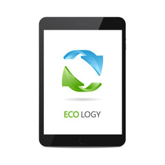 Recycle logo with two arrows on on the tablet screen, vector icon