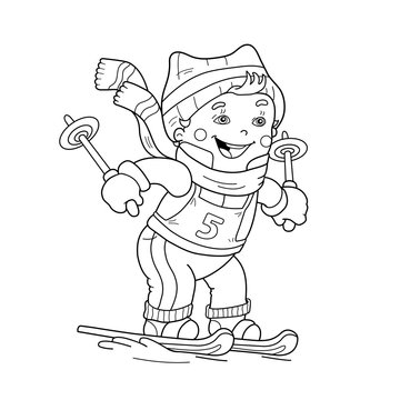 Coloring Page Outline Of cartoon boy riding on skis. Winter sports. Coloring book for kids