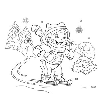 Coloring Page Outline Of cartoon boy riding on skis. Winter sports. Coloring book for kids