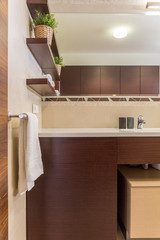 Fototapeta na wymiar Modern bathroom with brown furniture