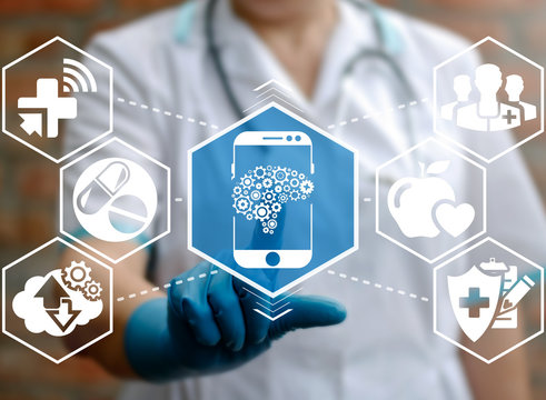 Health care medicine automation mobile control smart phone brain gear web development ideas iot concept. Brainstorm idea cogwheel medical modernization integration emr technology