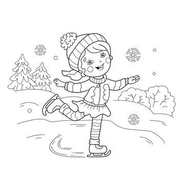 Coloring Page Outline Of cartoon girl skating. Winter sports. Coloring book for kids