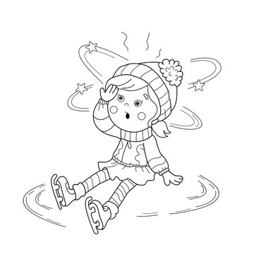 Coloring Page Outline Of cartoon girl skating. Winter sports. Sudden drop. Coloring book for kids