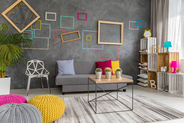 Grey, yellow and pink living room