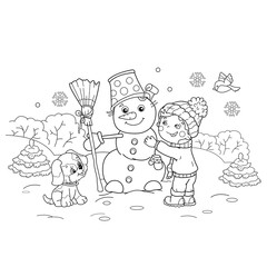 Coloring Page Outline Of cartoon boy making snowman with dog. Winter. Coloring book for kids