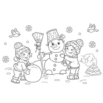 Coloring Page Outline Of cartoon boy with girl making snowman together. Winter. Coloring book for kids
