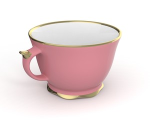 Isolated antique porcelain cup with gold on white background. 3D Illustration.