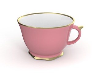 Isolated antique porcelain cup with gold on white background. 3D Illustration.