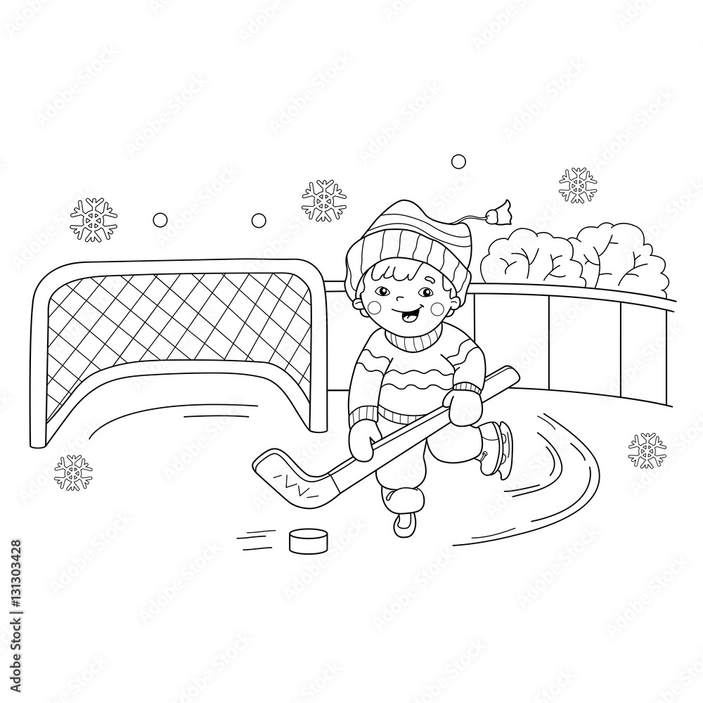 Wall mural coloring page outline of cartoon boy playing hockey. winter sports. coloring book for kids