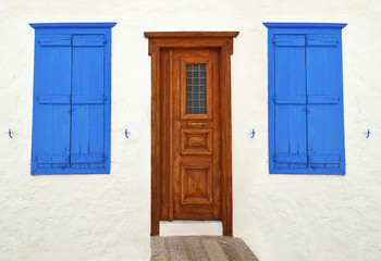wooden door and windows at Hydra island Greece - exterior traditional architecture