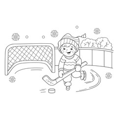 Naklejka premium Coloring Page Outline Of cartoon boy playing hockey. Winter sports. Coloring book for kids