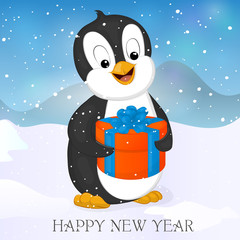 Funny and cute penguin with Christmas Presente. Merry Christmas and Happy New year card. Christmas card in cartoon style. Vector illustration. NY Collection.