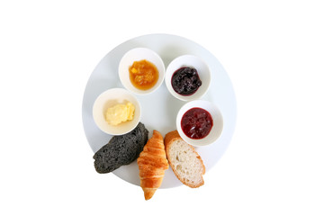 Closeup of delicious breakfast set, Various of bread and jam