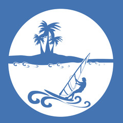 Windsurfing silhouette on the background of palm trees. Windsurfing vector icon.