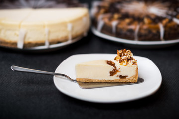 Slice of cheesecake on a white plate
