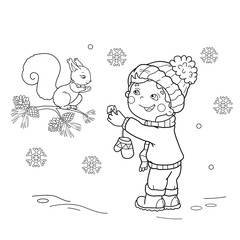 Coloring Page Outline Of cartoon boy feeding a squirrel. Winter. Coloring book for kids