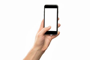 Male hand holding black cellphone isolated at white background.