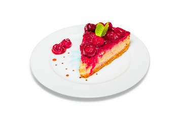 Piece of sour cherry cake on a plate