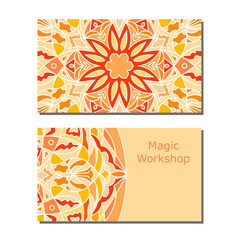 Templates of business card with sunny mandala for print or website. Vector illustration. Card template for print.
