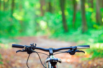 Mountain biking down hill descending fast on bicycle. View from