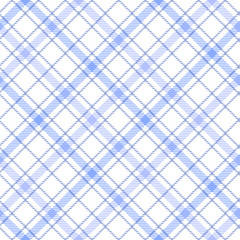 Seamless tartan plaid pattern. Checkered fabric texture print in stripes of pastel shades of blue on white.