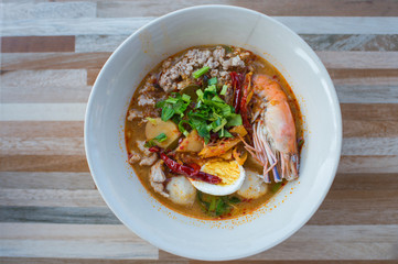 spicy prawn soup with egg or tom yum goong,Thai style.