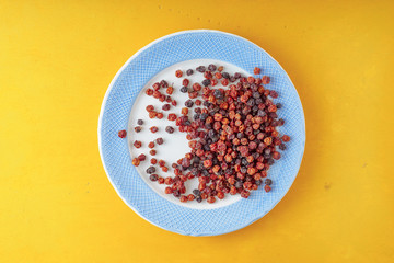 Rowan berries lie on a blue plate