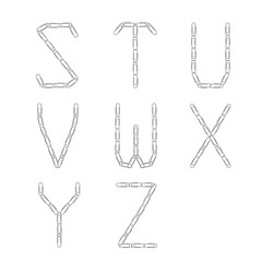 Alphabet of paper clips. The letters S, T, U, V, W, X, Y,Z. Vector illustration.