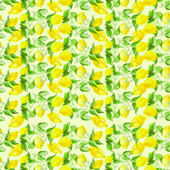 Watercolor painting, vintage seamless pattern - tropical fruits, citrus, slices of lemon. 
Branch with leaves and lemon.