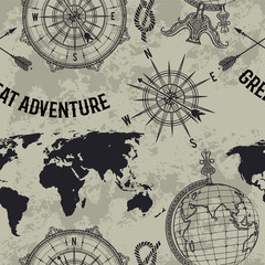 Seamless pattern with vintage globe, compass, world map and wind rose. Retro hand drawn vector illustration "Great adventure" in sketch style on grunge background