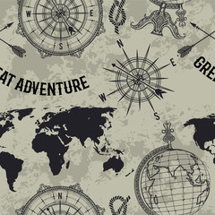 Obraz premium Seamless pattern with vintage globe, compass, world map and wind rose. Retro hand drawn vector illustration 