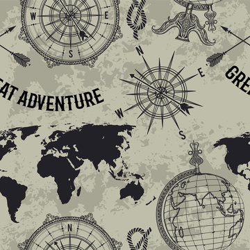 Seamless Pattern With Vintage Globe, Compass, World Map And Wind Rose. Retro Hand Drawn Vector Illustration 