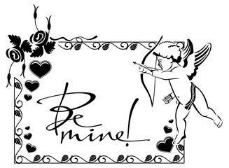 Black and white label with cupid and artistic written text: