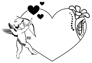 Fototapeta premium Black and white heart-shaped Valentine frame with cupid.