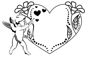 Black and white heart-shaped Valentine frame with cupid.