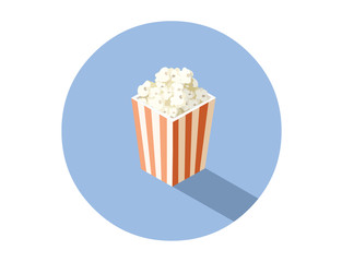 Vector isometric illustration of box with popcorn, cinema food