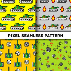 Pixel art vector objects to Fashion seamless pattern. Background with tanks, boom, for boys. trendy 80s-90s   style. Retro computers game elements