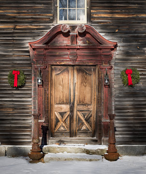 New England Colonial Door At Christmas