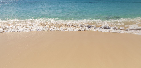 Fototapeta na wymiar Tropical beach with sand and aqua marine turquoise water. Taken in the Caribbean island of Grand Turk.