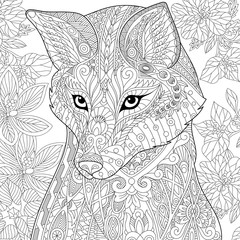 Stylized cartoon wild fox animal and hibiscus flowers. Freehand sketch for adult anti stress coloring book page with doodle and zentangle elements.