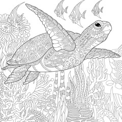 Stylized cartoon underwater composition of turtle (tortoise) and tropical fish. Freehand sketch for adult anti stress coloring book page with doodle and zentangle elements.