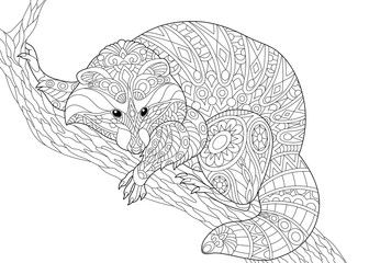 Fototapeta na wymiar Stylized raccoon animal sitting on a tree branch. Freehand sketch for adult anti stress coloring book page with doodle and zentangle elements.