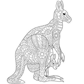 Stylized australian kangaroo family - mother and her young cub. Freehand sketch for adult anti stress coloring book page with doodle and zentangle elements.